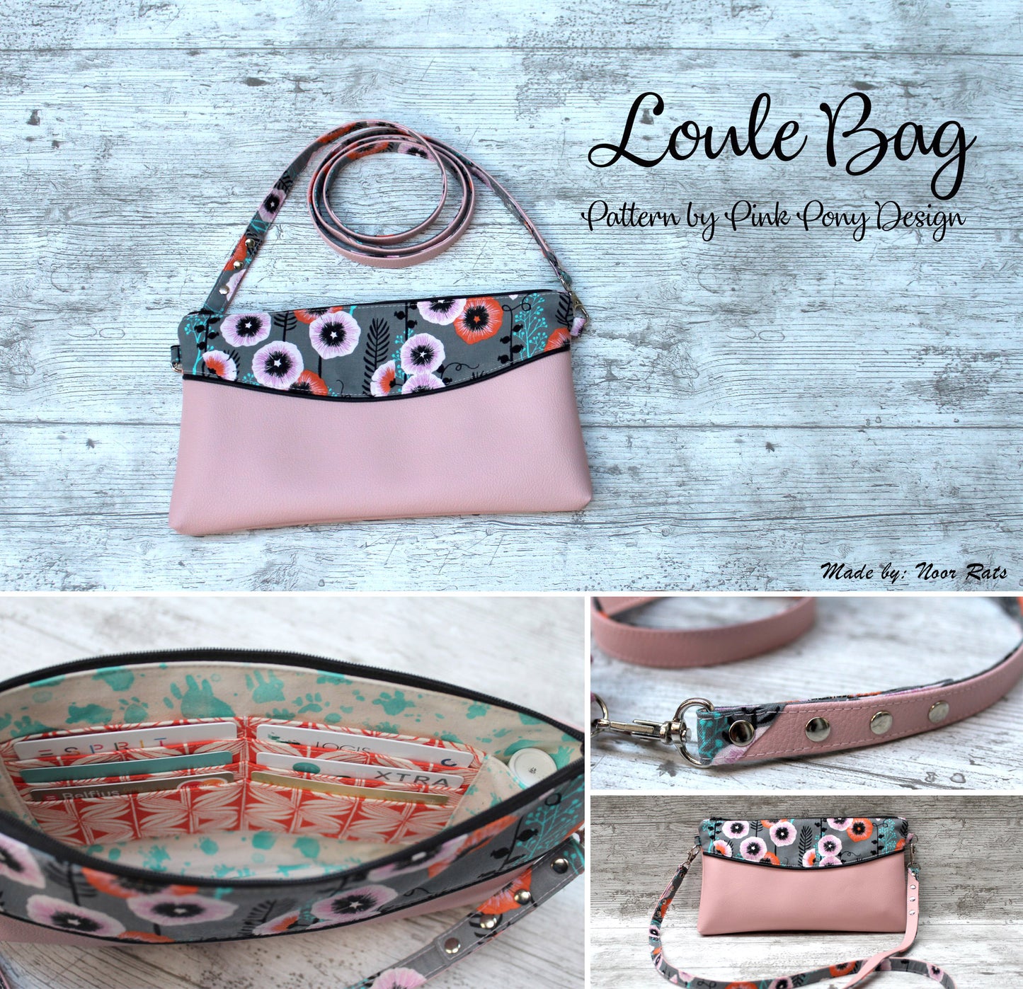 Loule Bag PDF sewing pattern sewn in vinyl and cotton, crossbody bag with metal zipper piping.